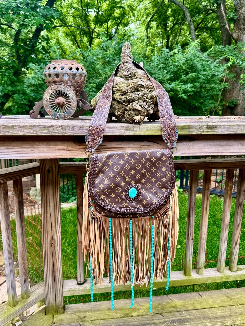 Monogram Fringe Shoulder Bag with Turquoise Accent - Picture 2 of 5
